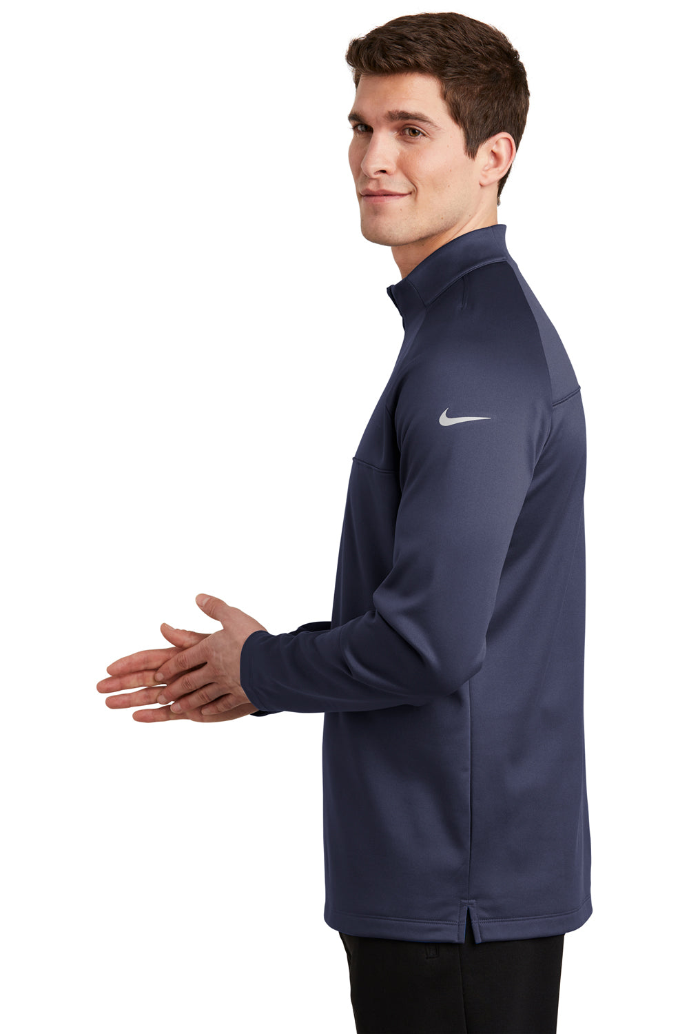 Nike NKAH6254 Mens Therma-Fit Moisture Wicking Fleece 1/4 Zip Sweatshirt Midnight Navy Blue Model Side