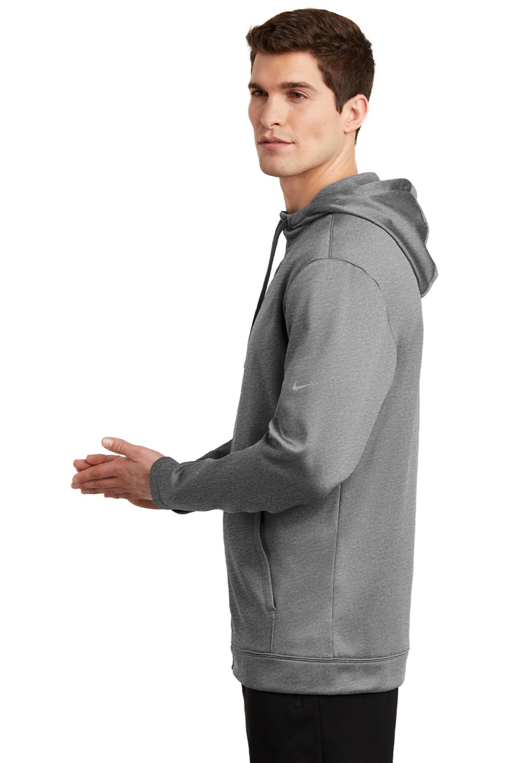 Nike NKAH6259 Mens Therma-Fit Moisture Wicking Fleece Full Zip Hooded Sweatshirt Hoodie w/ Pockets Heather Dark Grey Model Side