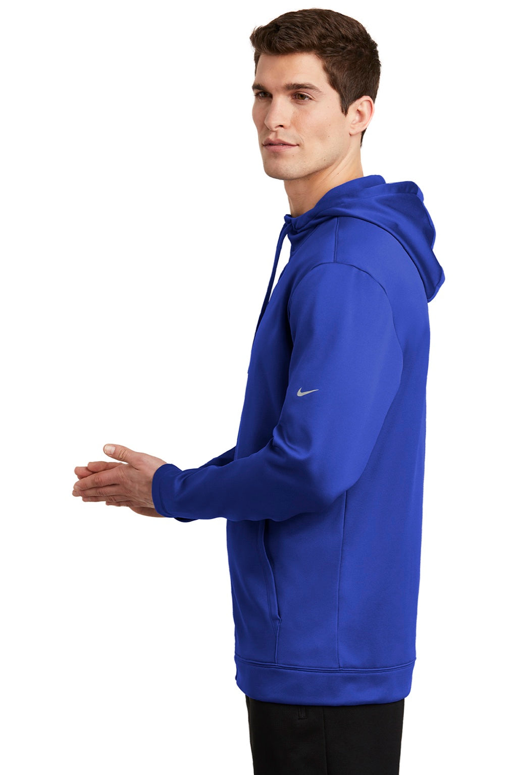 Nike NKAH6259 Mens Therma-Fit Moisture Wicking Fleece Full Zip Hooded Sweatshirt Hoodie w/ Pockets Game Royal Blue Model Side