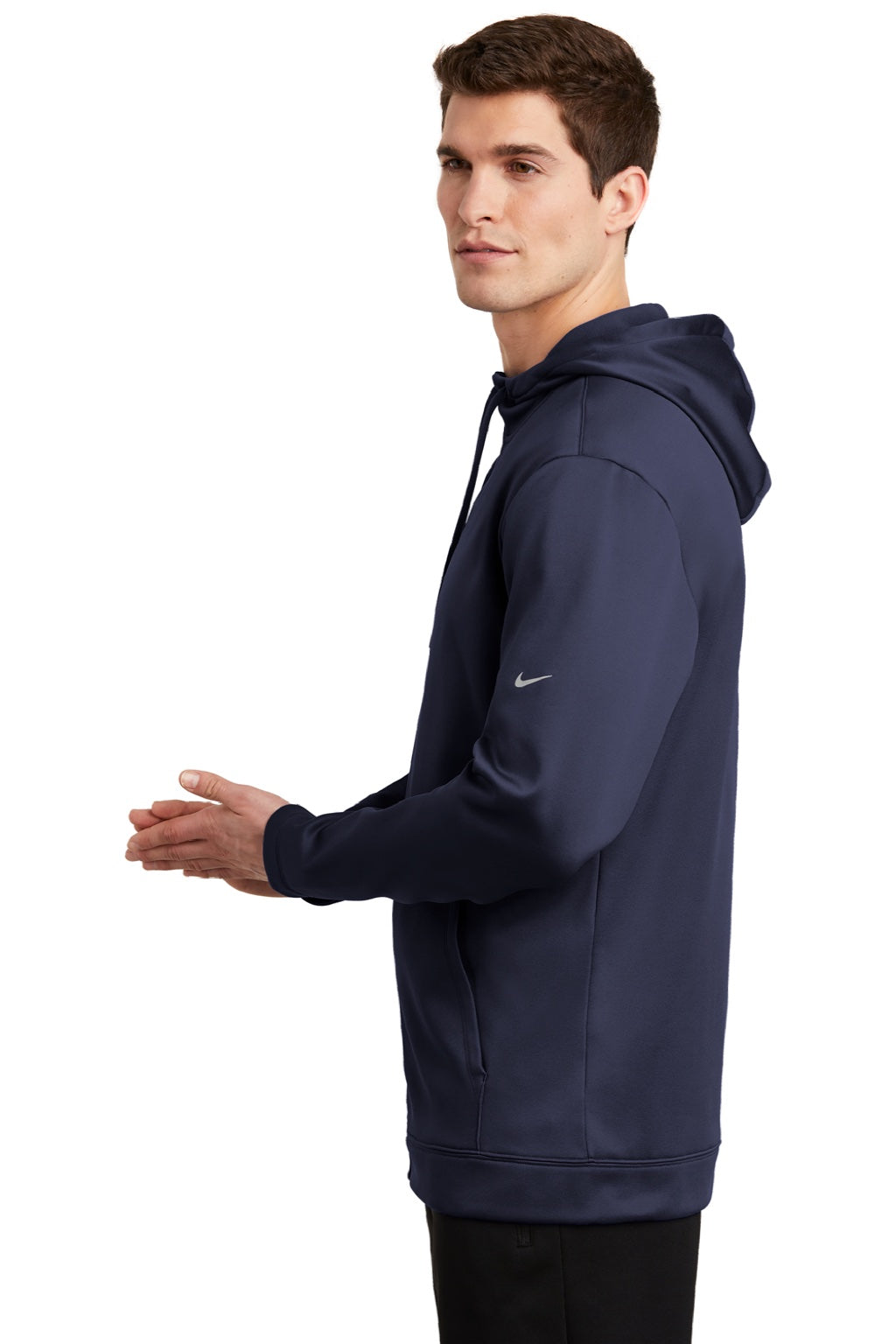 Nike NKAH6259 Mens Therma-Fit Moisture Wicking Fleece Full Zip Hooded Sweatshirt Hoodie w/ Pockets Midnight Navy Blue Model Side