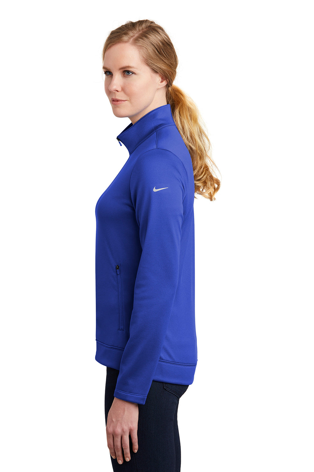Nike NKAH6260 Womens Therma-Fit Moisture Wicking Fleece Full Zip Sweatshirt Game Royal Blue Model Side