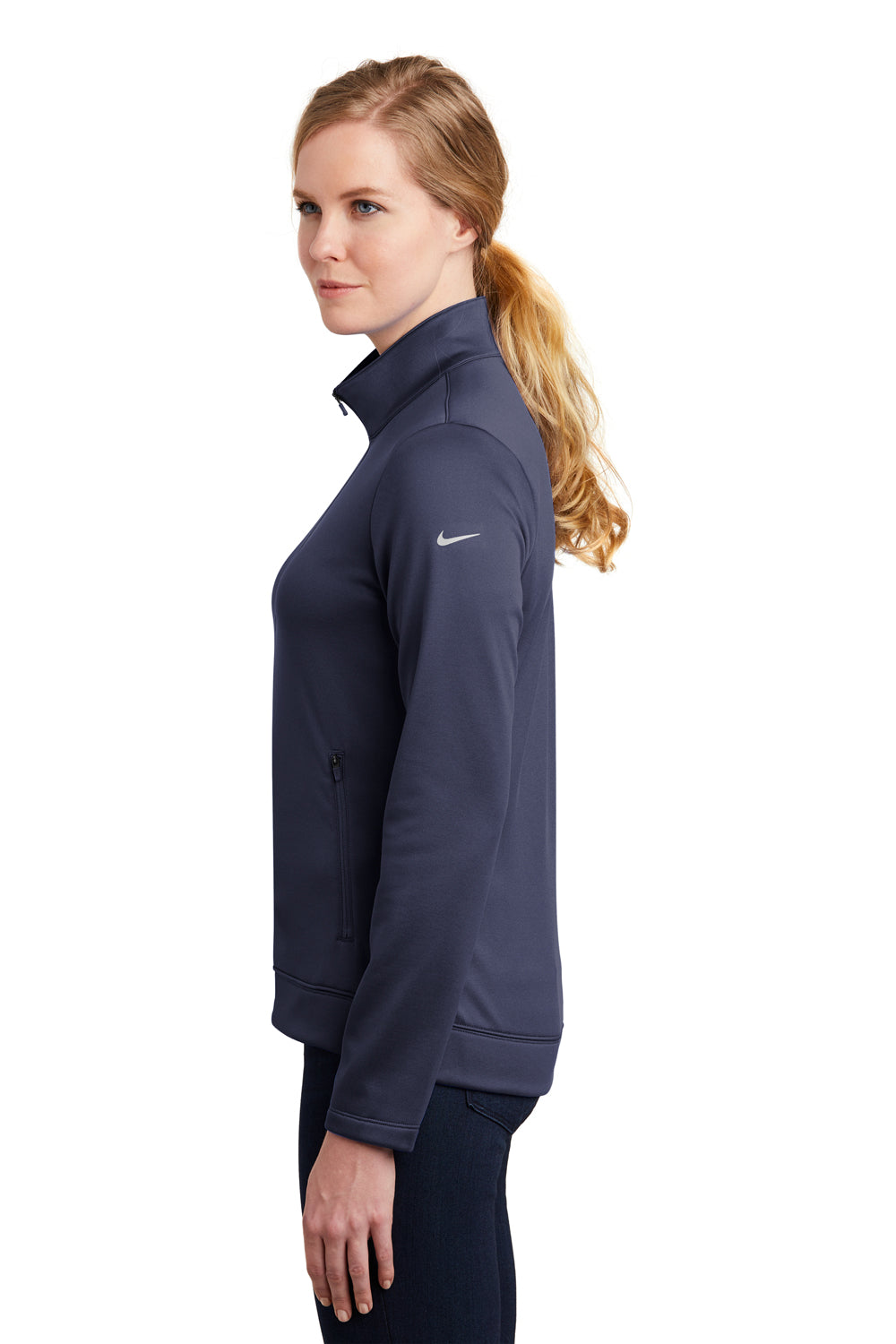 Nike NKAH6260 Womens Therma-Fit Moisture Wicking Fleece Full Zip Sweatshirt Midnight Navy Blue Model Side