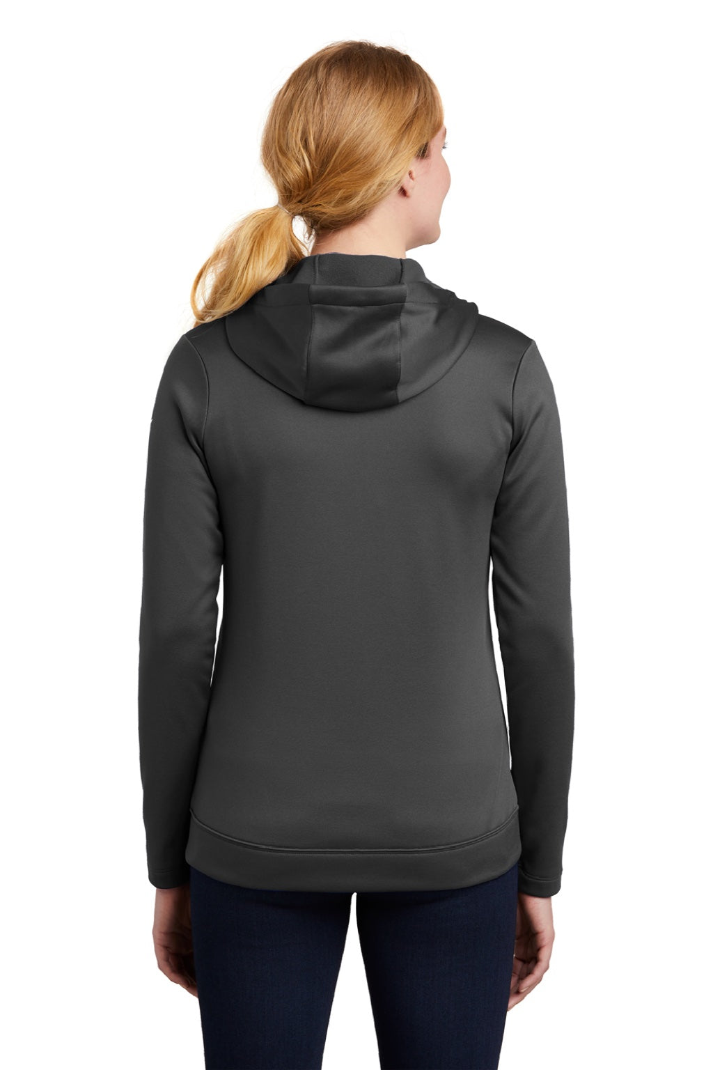 Nike NKAH6264 Womens Therma-Fit Moisture Wicking Fleece Full Zip Hooded Sweatshirt Hoodie w/ Pockets Anthracite Grey Model Back