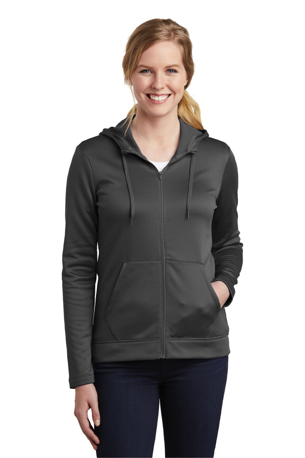 Nike NKAH6264 Womens Therma-Fit Moisture Wicking Fleece Full Zip Hooded Sweatshirt Hoodie w/ Pockets Anthracite Grey Model Front