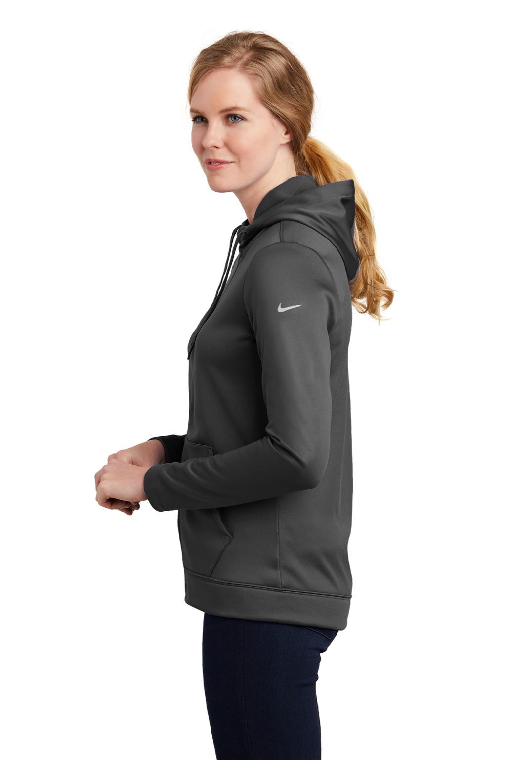 Nike NKAH6264 Womens Therma-Fit Moisture Wicking Fleece Full Zip Hooded Sweatshirt Hoodie w/ Pockets Anthracite Grey Model Side