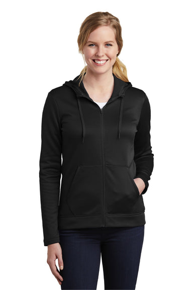 Nike NKAH6264 Womens Therma-Fit Moisture Wicking Fleece Full Zip Hooded Sweatshirt Hoodie w/ Pockets Black Model Front