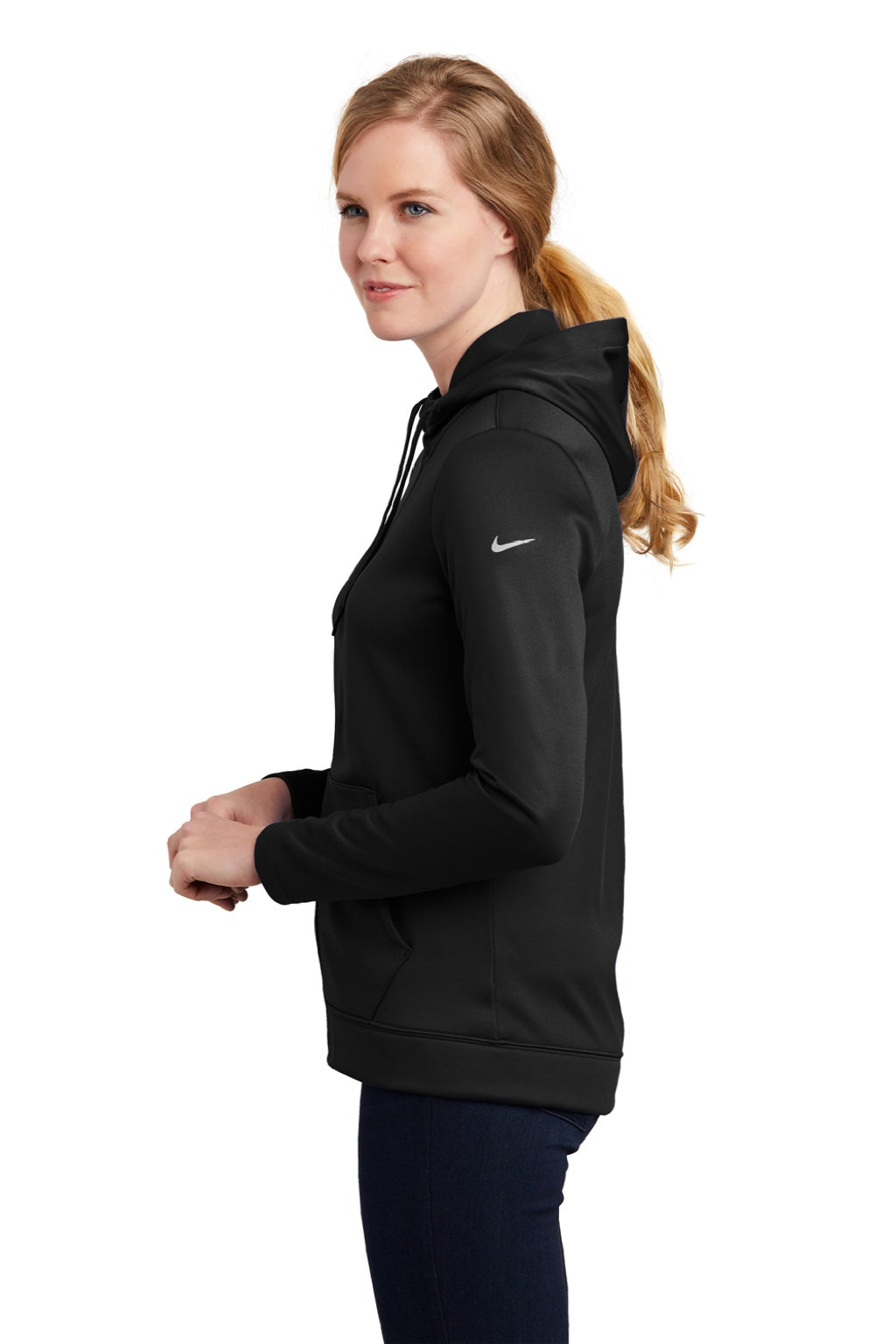Nike NKAH6264 Womens Therma-Fit Moisture Wicking Fleece Full Zip Hooded Sweatshirt Hoodie w/ Pockets Black Model Side