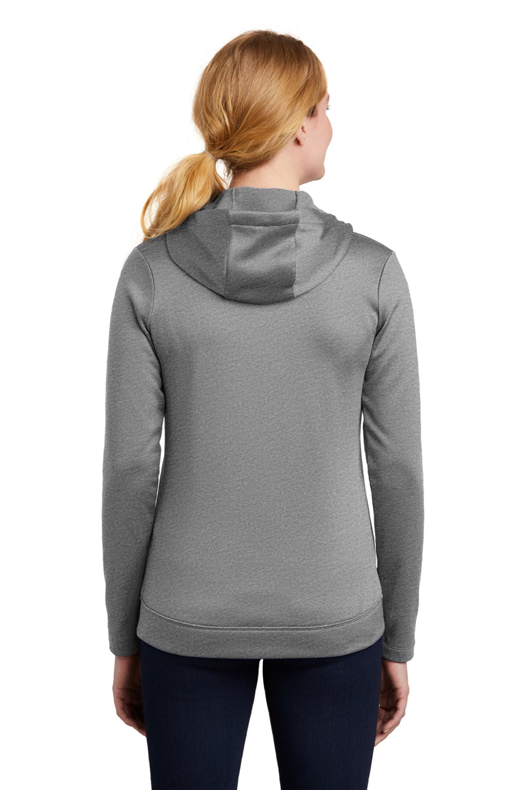 Nike NKAH6264 Womens Therma-Fit Moisture Wicking Fleece Full Zip Hooded Sweatshirt Hoodie w/ Pockets Heather Dark Grey Model Back