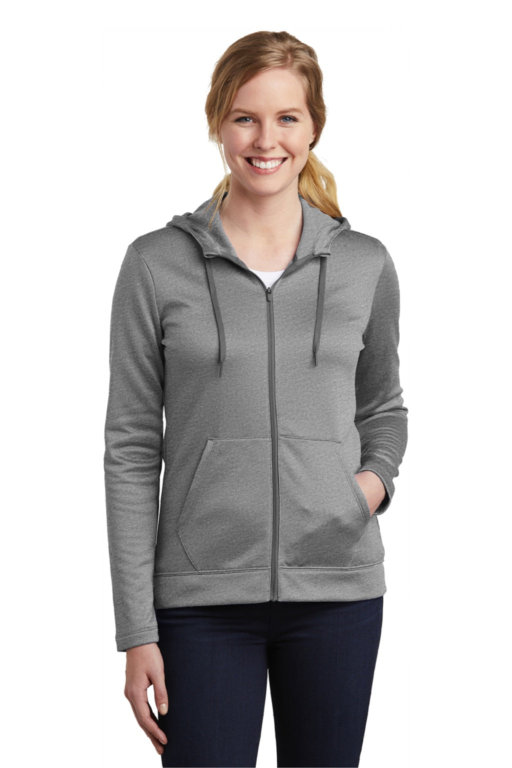 Nike NKAH6264 Womens Therma-Fit Moisture Wicking Fleece Full Zip Hooded Sweatshirt Hoodie w/ Pockets Heather Dark Grey Model Front