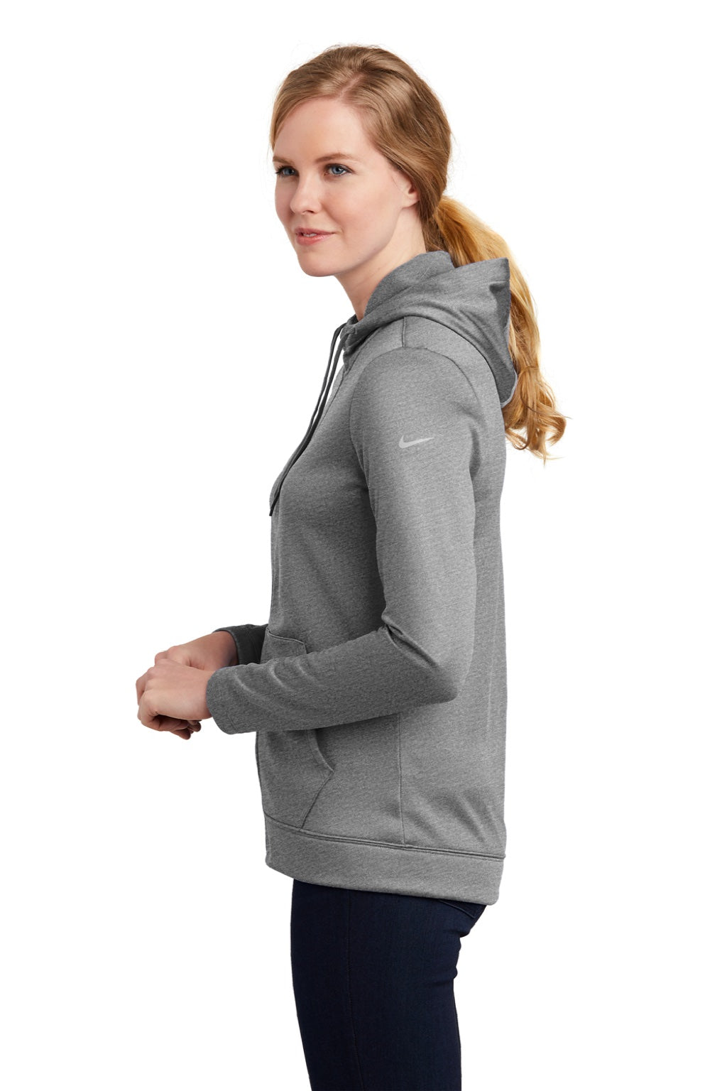Nike NKAH6264 Womens Therma-Fit Moisture Wicking Fleece Full Zip Hooded Sweatshirt Hoodie w/ Pockets Heather Dark Grey Model Side