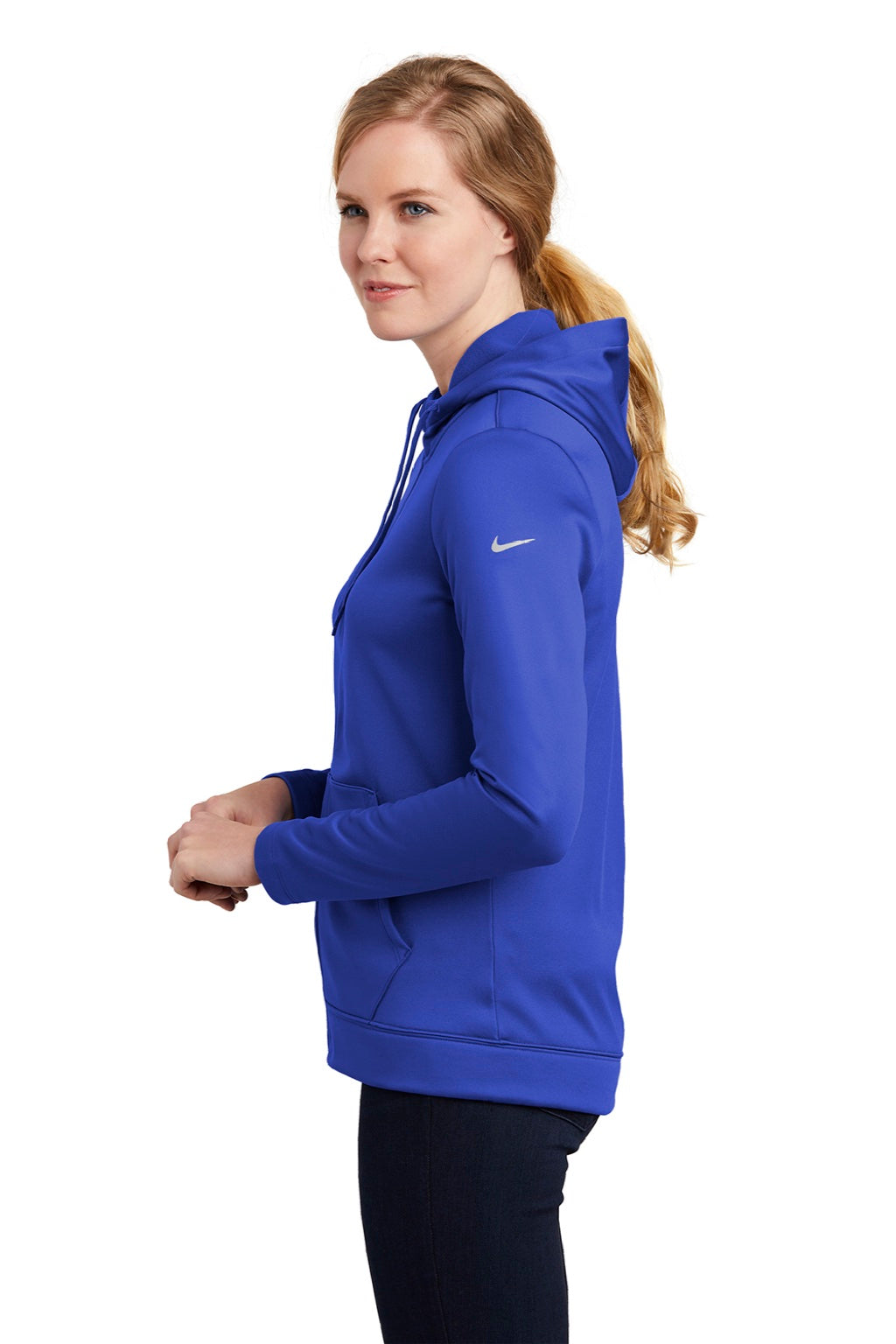 Nike NKAH6264 Womens Therma-Fit Moisture Wicking Fleece Full Zip Hooded Sweatshirt Hoodie w/ Pockets Game Royal Blue Model Side