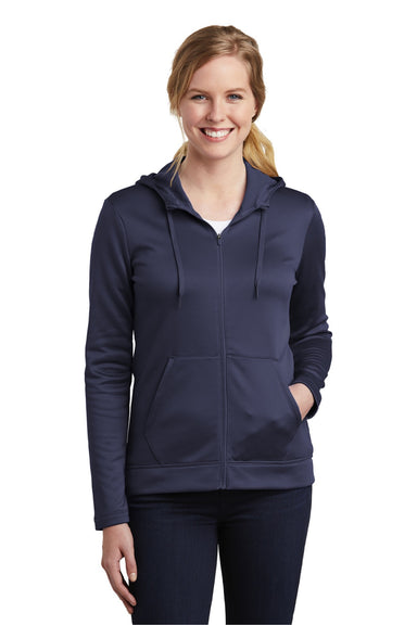 Nike NKAH6264 Womens Therma-Fit Moisture Wicking Fleece Full Zip Hooded Sweatshirt Hoodie w/ Pockets Midnight Navy Blue Model Front
