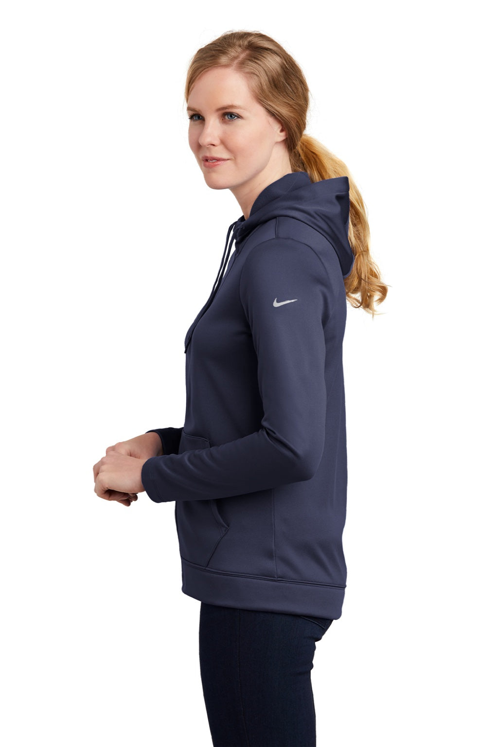 Nike NKAH6264 Womens Therma-Fit Moisture Wicking Fleece Full Zip Hooded Sweatshirt Hoodie w/ Pockets Midnight Navy Blue Model Side