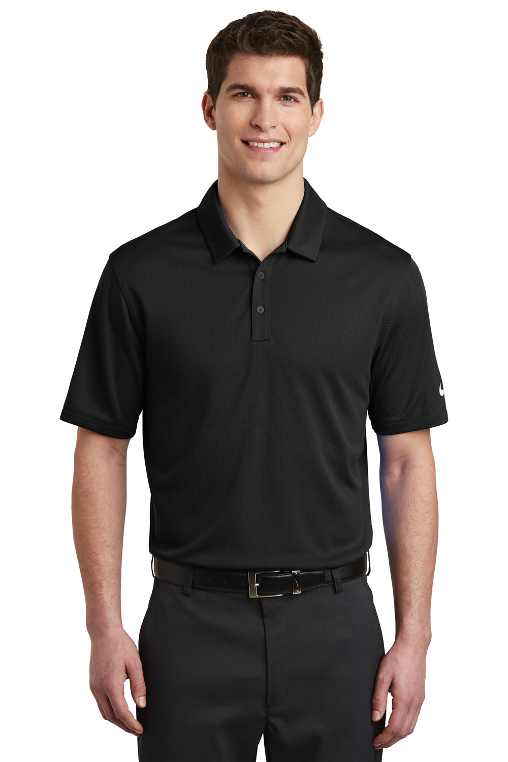 Nike NKAH6266 Mens Dri-Fit Moisture Wicking Short Sleeve Polo Shirt Black Model Front