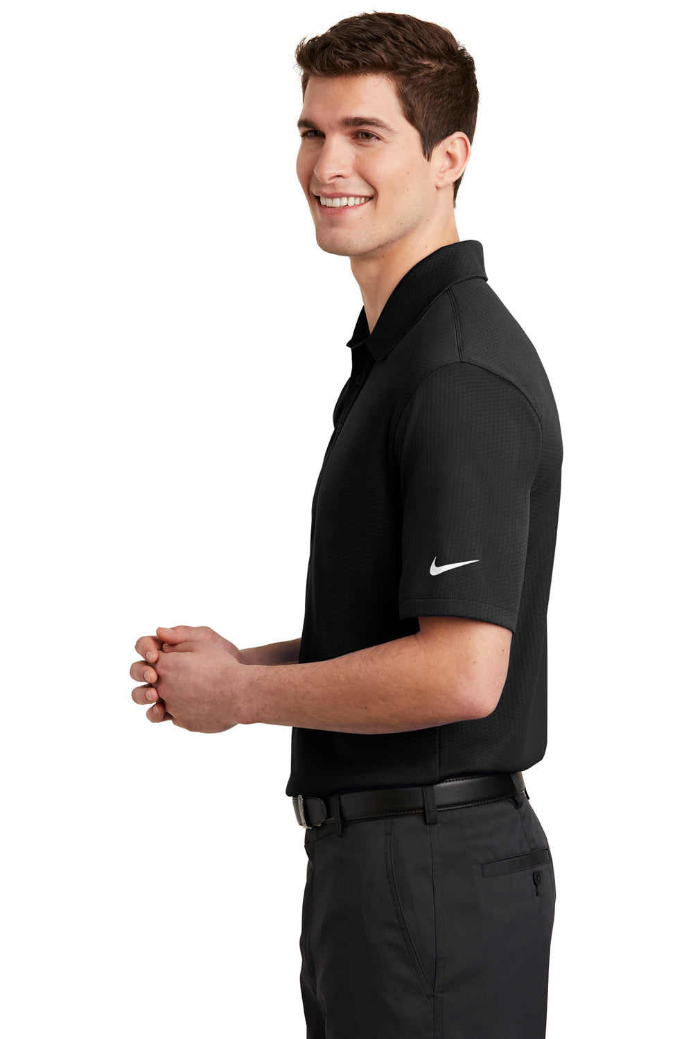 Nike NKAH6266 Mens Dri-Fit Moisture Wicking Short Sleeve Polo Shirt Black Model Side