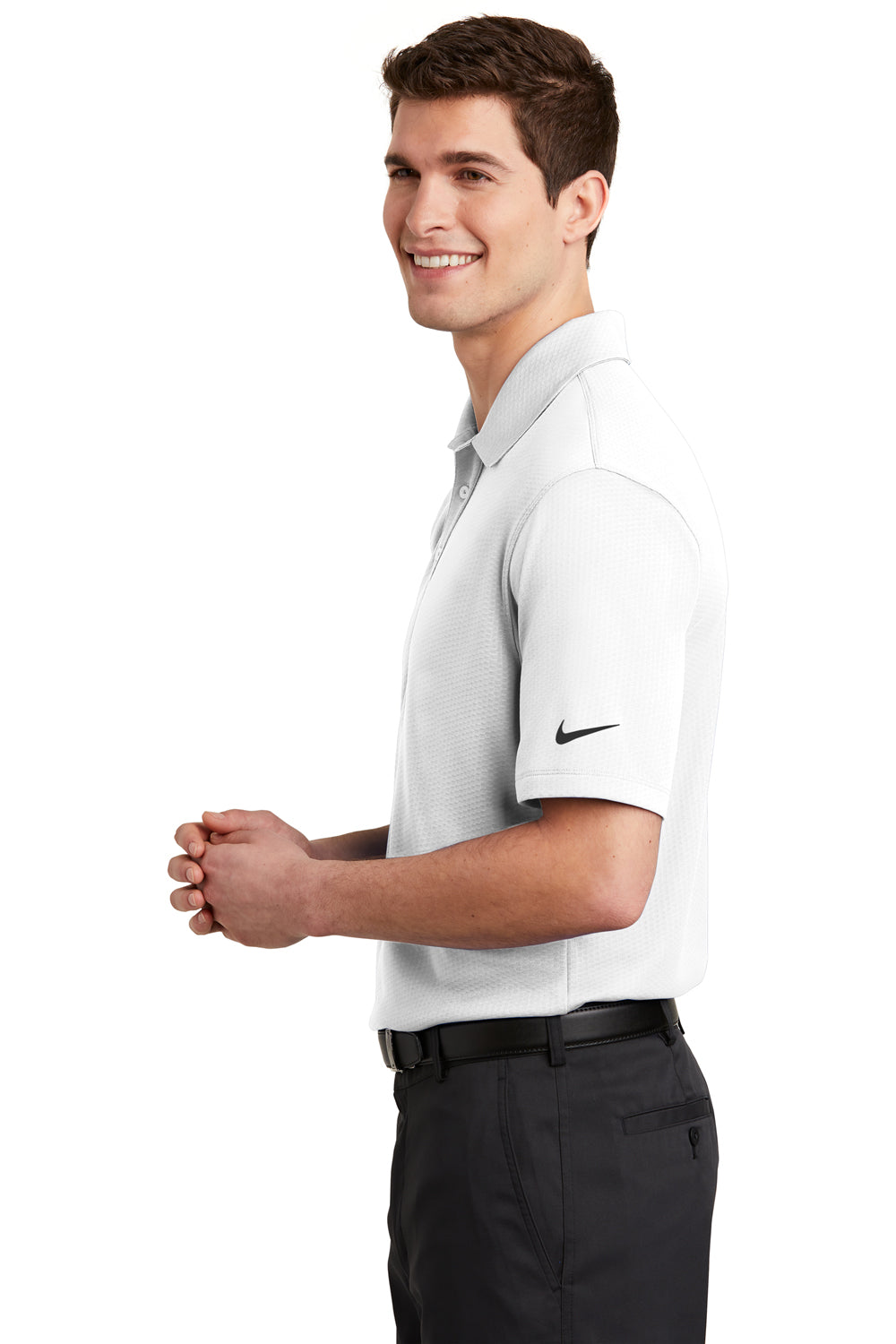 Nike NKAH6266 Mens Dri-Fit Moisture Wicking Short Sleeve Polo Shirt White Model Side