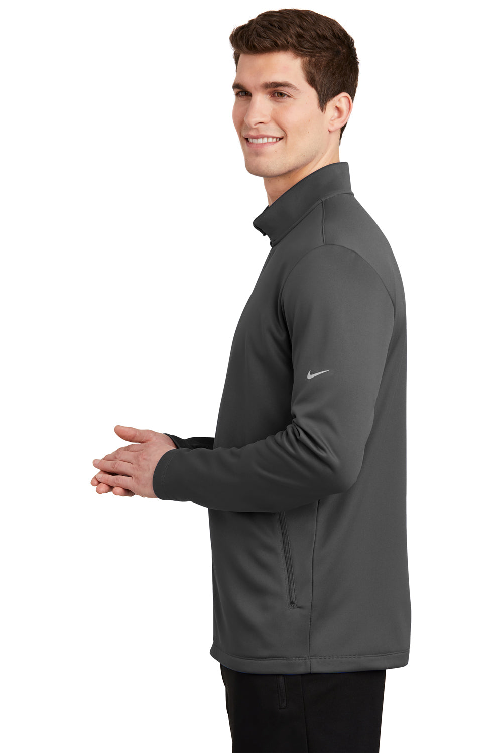 Nike NKAH6418 Mens Therma-Fit Moisture Wicking Fleece Full Zip Sweatshirt Anthracite Grey Model Side
