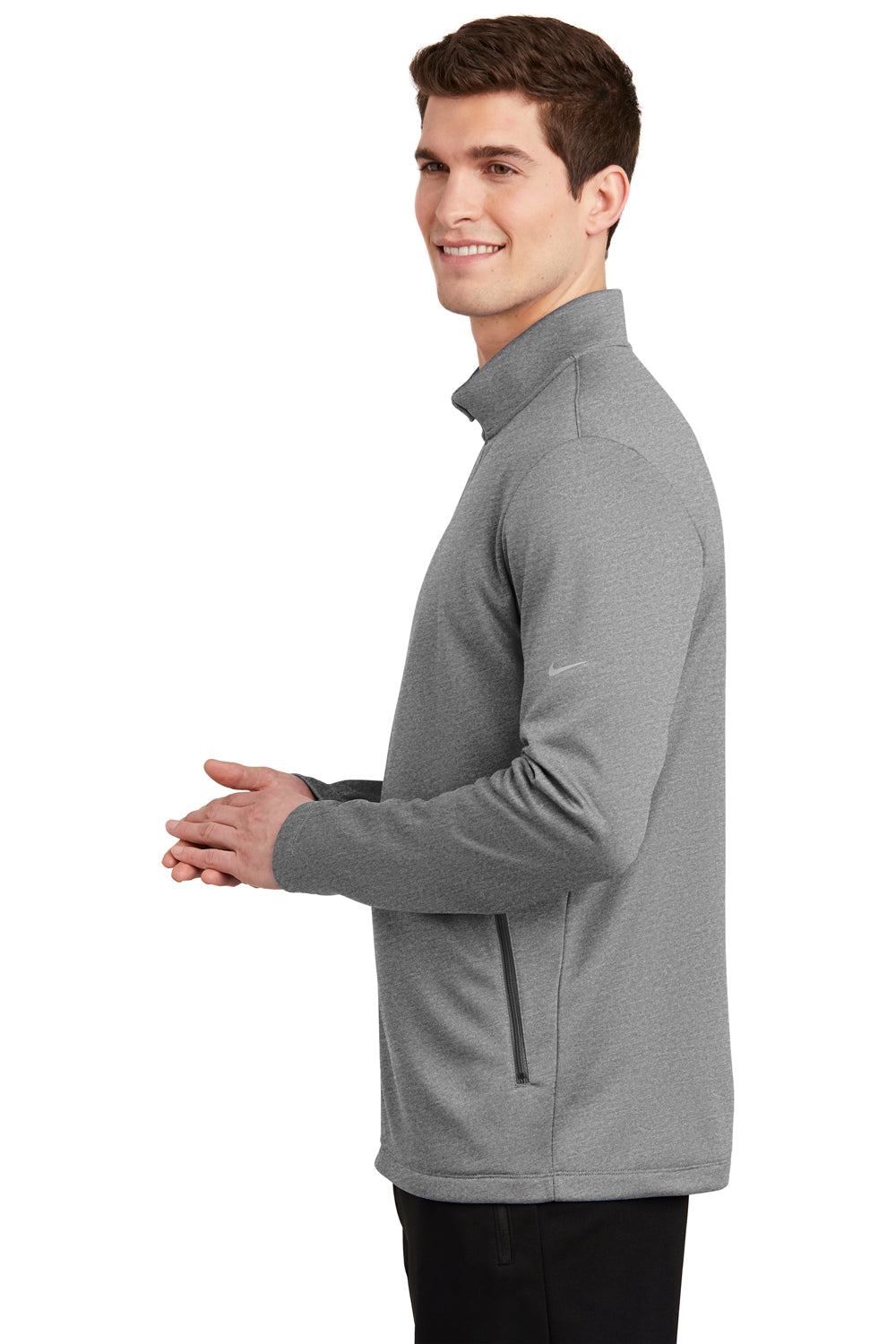 Nike NKAH6418 Mens Therma-Fit Moisture Wicking Fleece Full Zip Sweatshirt Heather Dark Grey Model Side