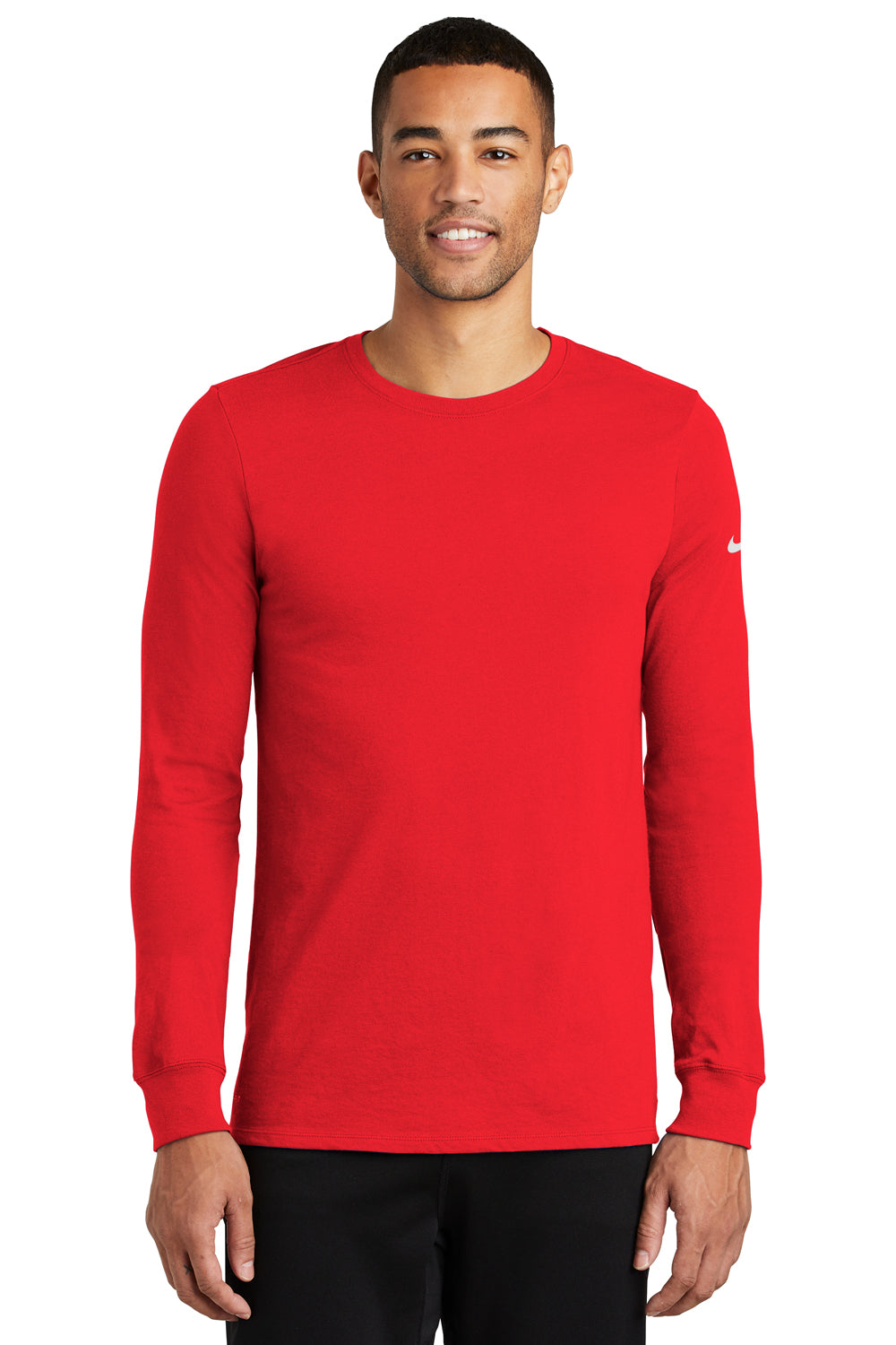 Nike NKBQ5230 Mens Dri-Fit Moisture Wicking Long Sleeve Crewneck T-Shirt University Red Model Front