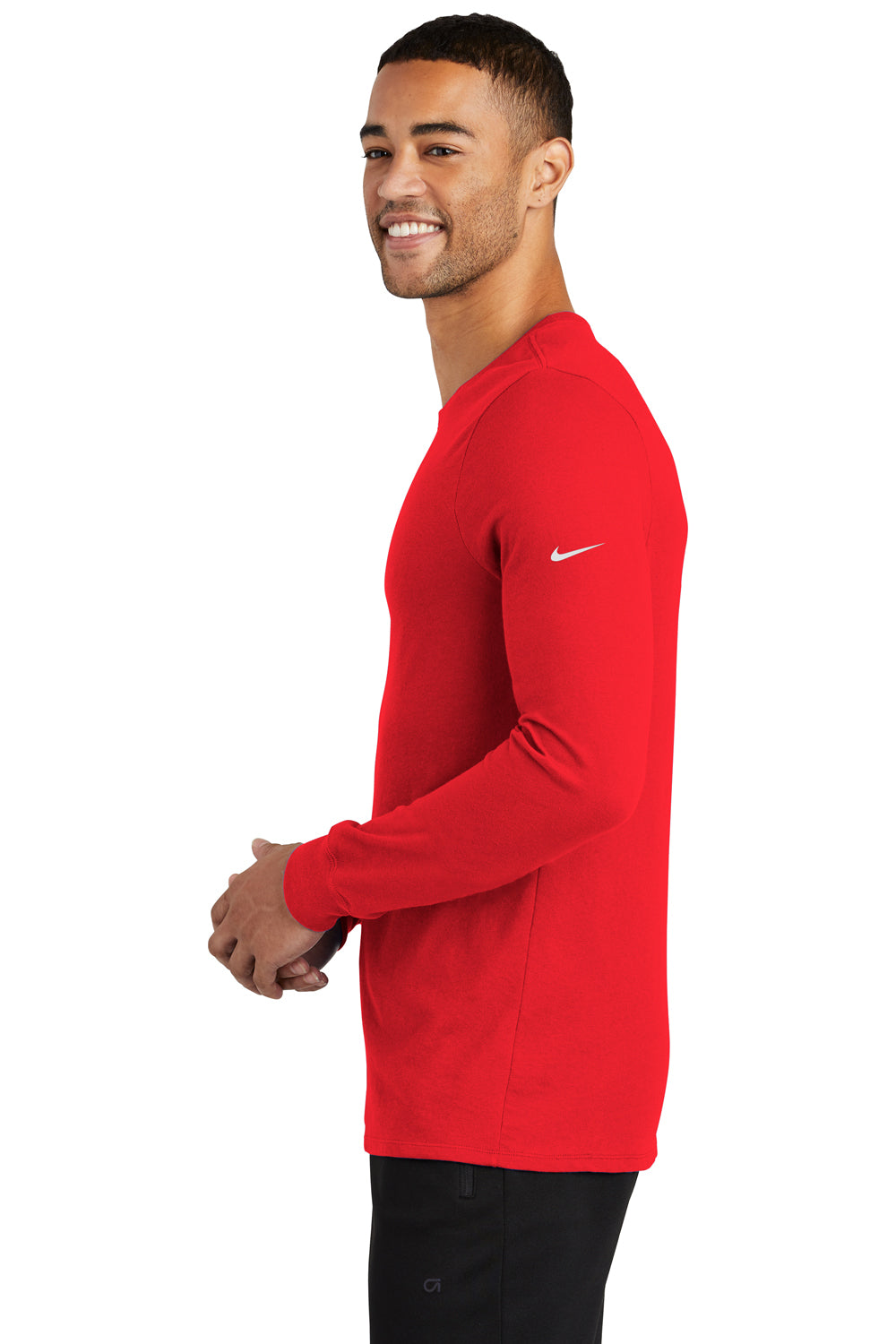 Nike NKBQ5230 Mens Dri-Fit Moisture Wicking Long Sleeve Crewneck T-Shirt University Red Model Side