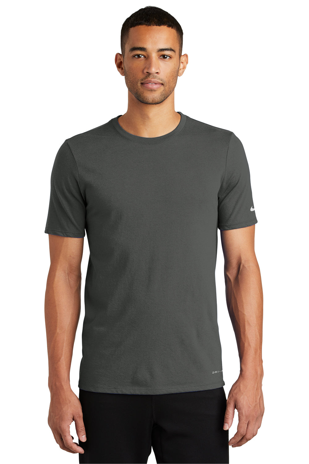 Nike NKBQ5231 Mens Dri-Fit Moisture Wicking Short Sleeve Crewneck T-Shirt Anthracite Grey Model Front