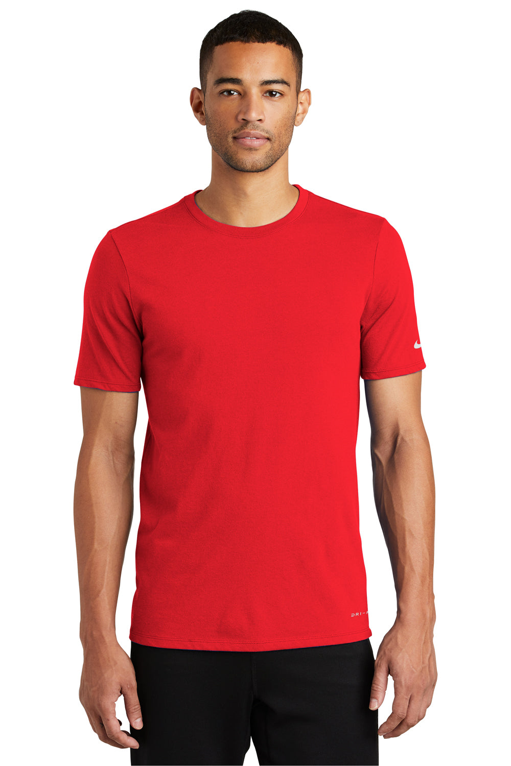 Nike NKBQ5231 Mens Dri-Fit Moisture Wicking Short Sleeve Crewneck T-Shirt University Red Model Front