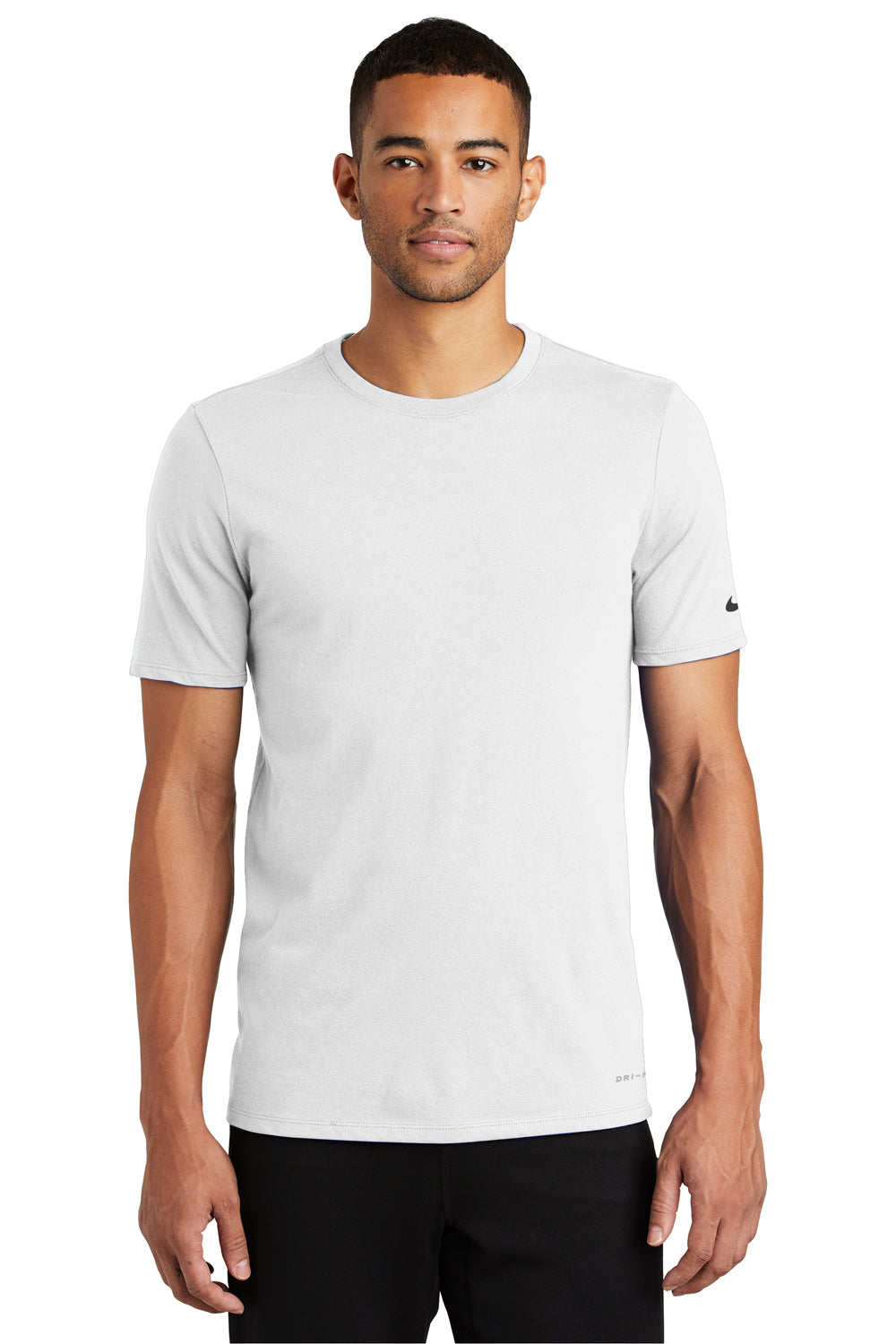 Nike NKBQ5231 Mens Dri-Fit Moisture Wicking Short Sleeve Crewneck T-Shirt White Model Front