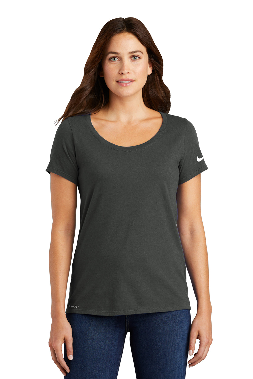 Nike NKBQ5234 Womens Dri-Fit Moisture Wicking Short Sleeve Scoop Neck T-Shirt Anthracite Grey Model Front