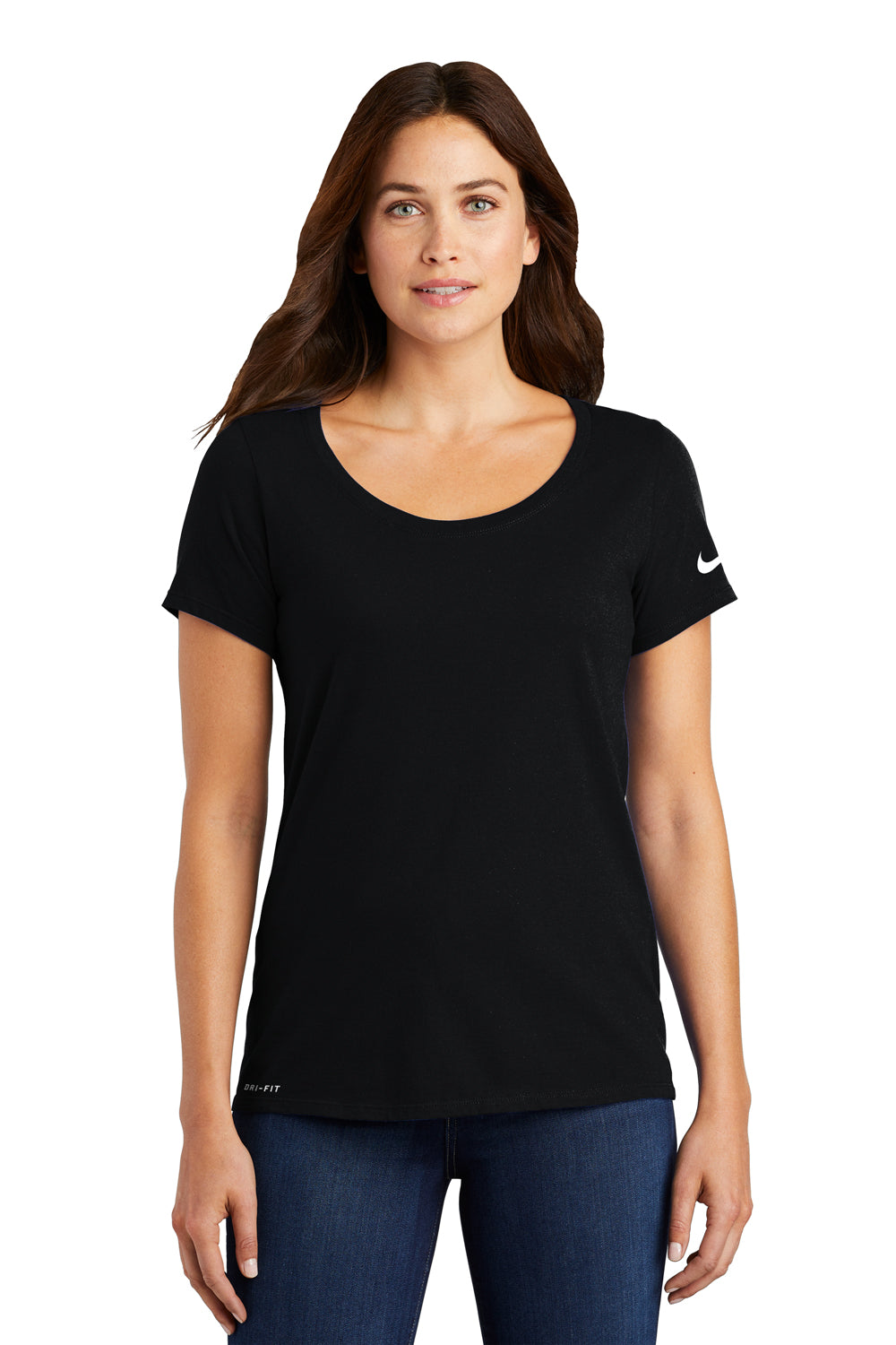 Nike NKBQ5234 Womens Dri-Fit Moisture Wicking Short Sleeve Scoop Neck T-Shirt Black Model Front
