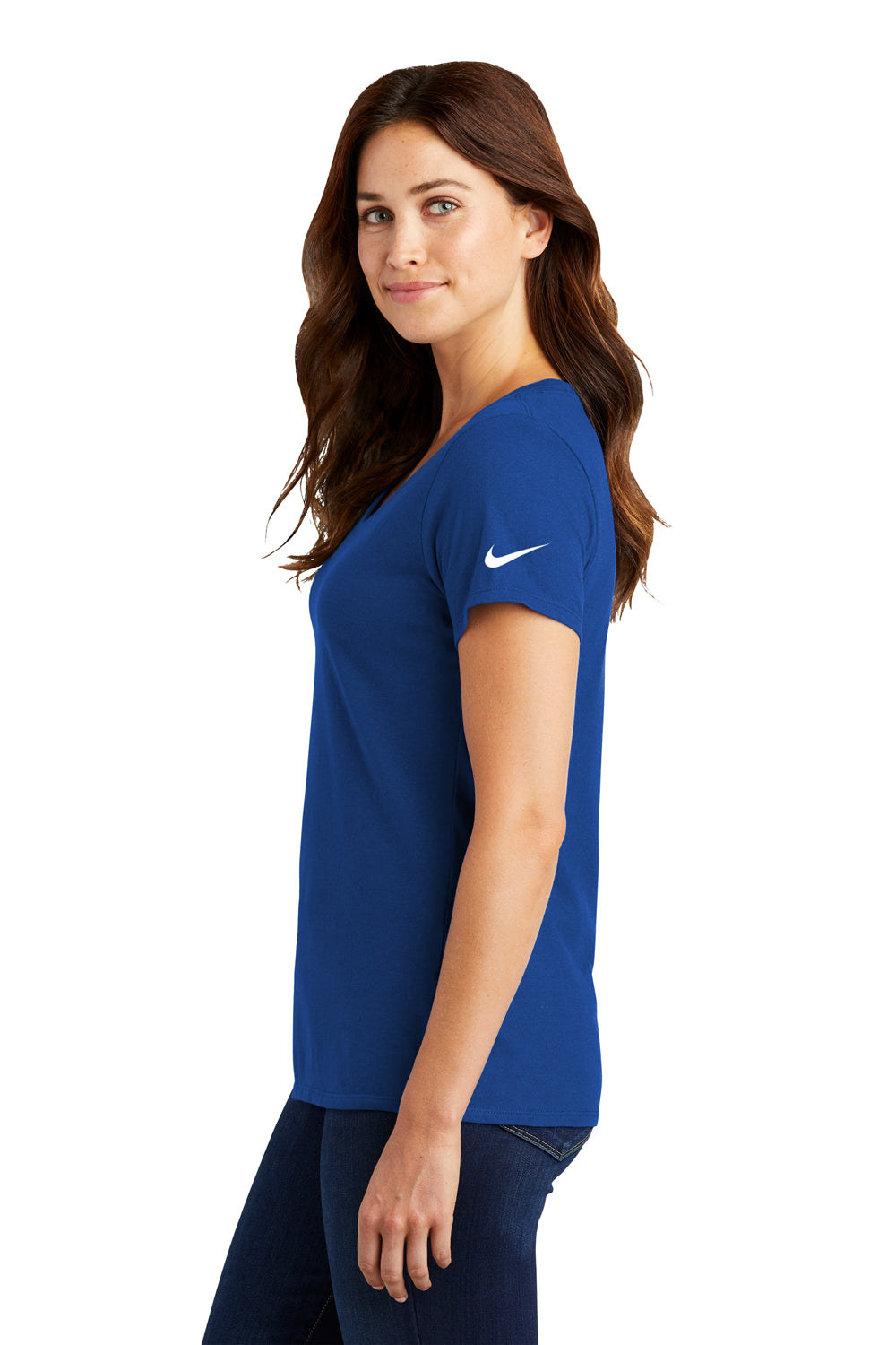 Nike NKBQ5234 Womens Dri-Fit Moisture Wicking Short Sleeve Scoop Neck T-Shirt Rush Blue Model Side