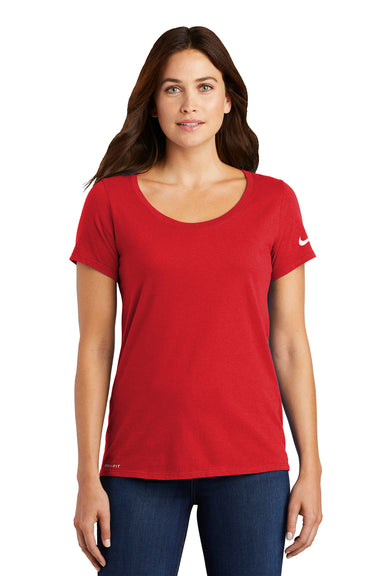 Nike NKBQ5234 Womens Dri-Fit Moisture Wicking Short Sleeve Scoop Neck T-Shirt University Red Model Front
