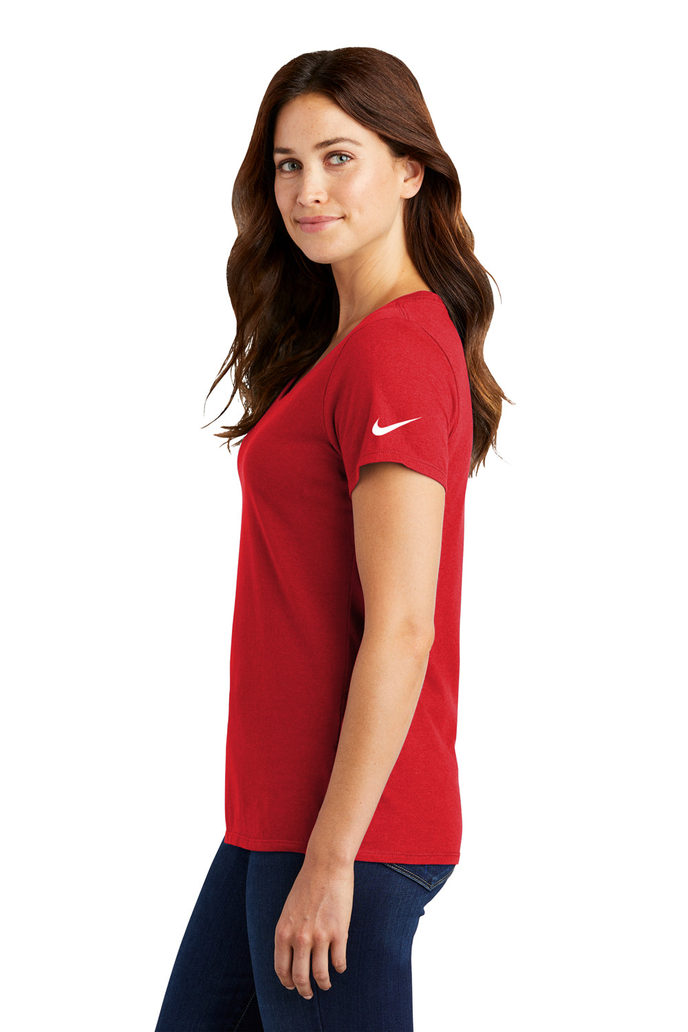 Nike NKBQ5234 Womens Dri-Fit Moisture Wicking Short Sleeve Scoop Neck T-Shirt University Red Model Side