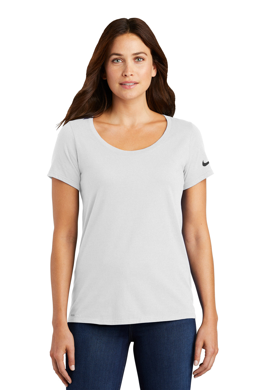 Nike NKBQ5234 Womens Dri-Fit Moisture Wicking Short Sleeve Scoop Neck T-Shirt White Model Front