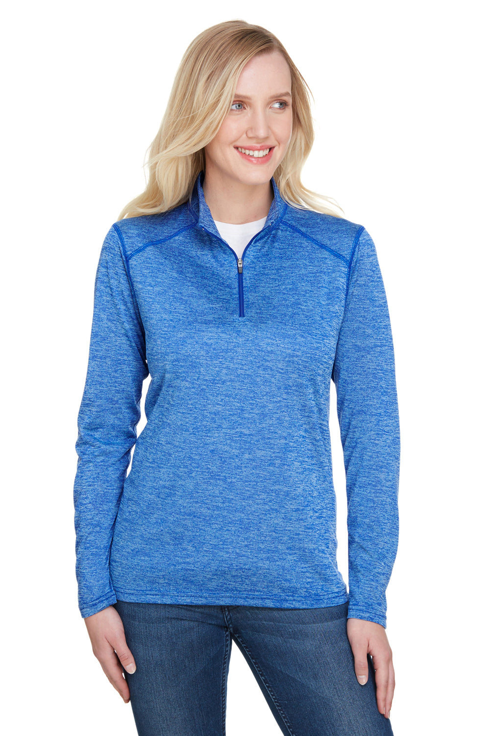 A4 NW4010 Womens Tonal Space Dye Performance Moisture Wicking 1/4 Zip Sweatshirt Light Blue Model Front