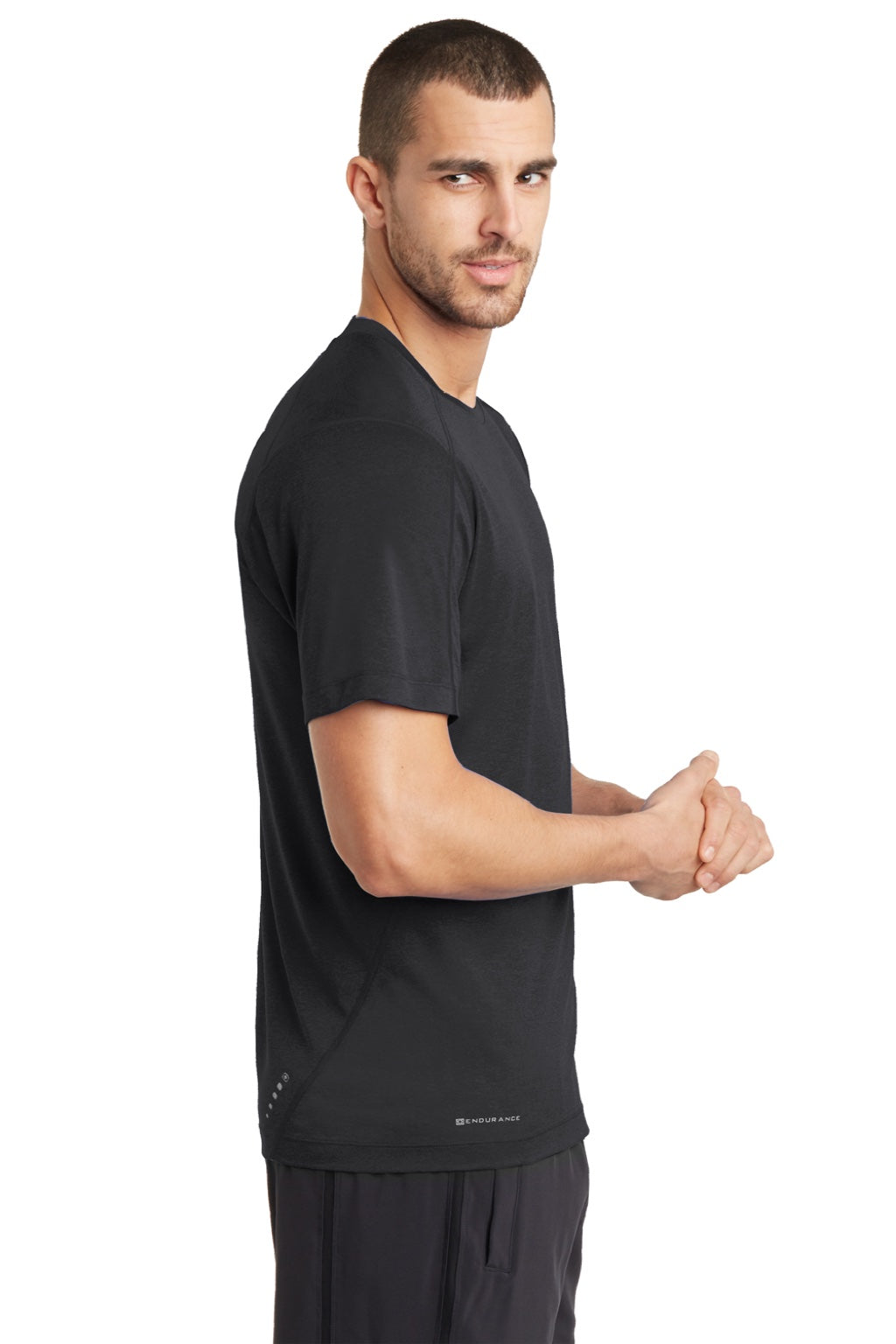 Ogio OE320 Mens Endurance Pulse Jersey Moisture Wicking Short Sleeve Crewneck T-Shirt Blacktop Model Side
