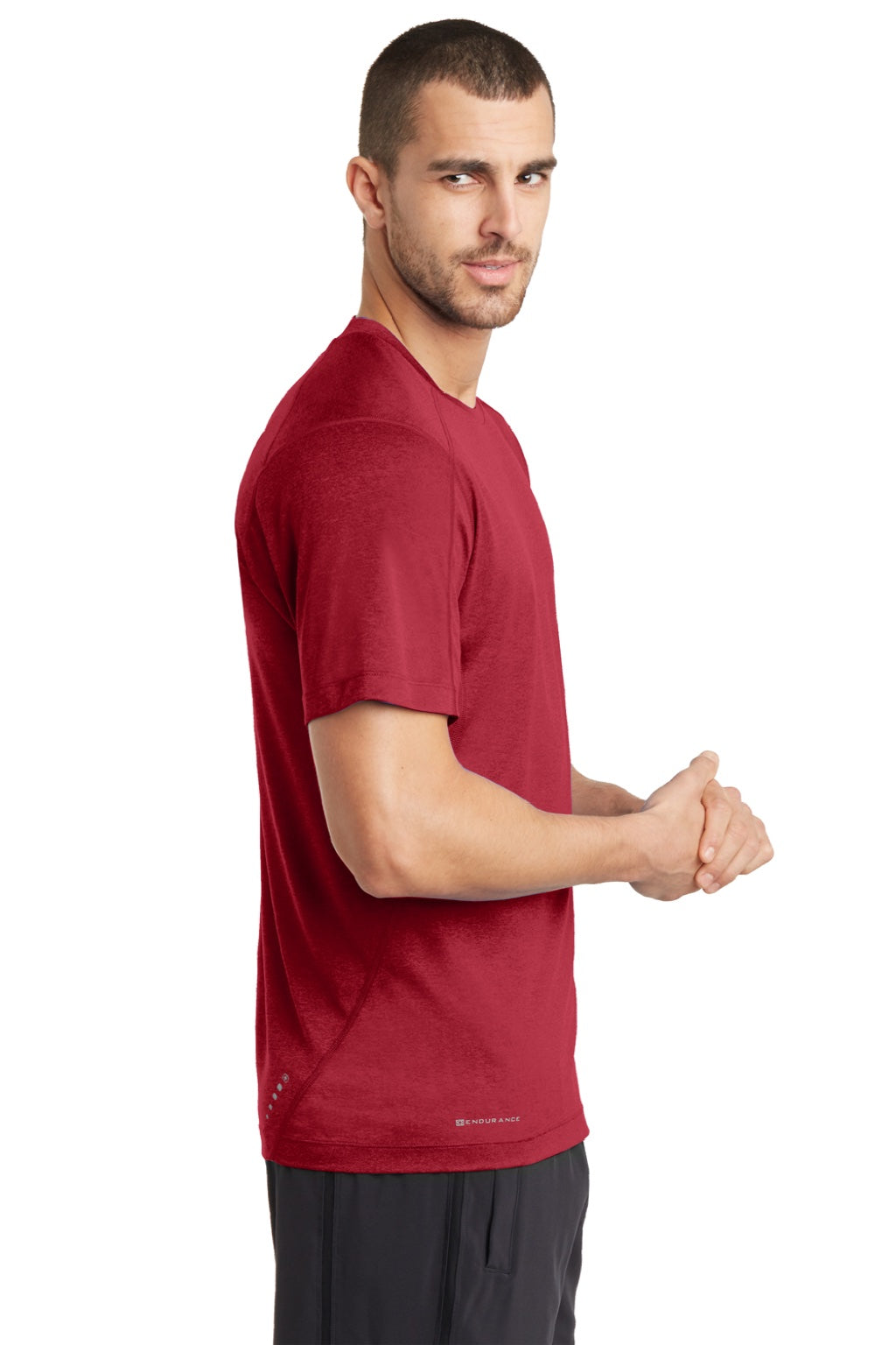 Ogio OE320 Mens Endurance Pulse Jersey Moisture Wicking Short Sleeve Crewneck T-Shirt Ripped Red Model Side