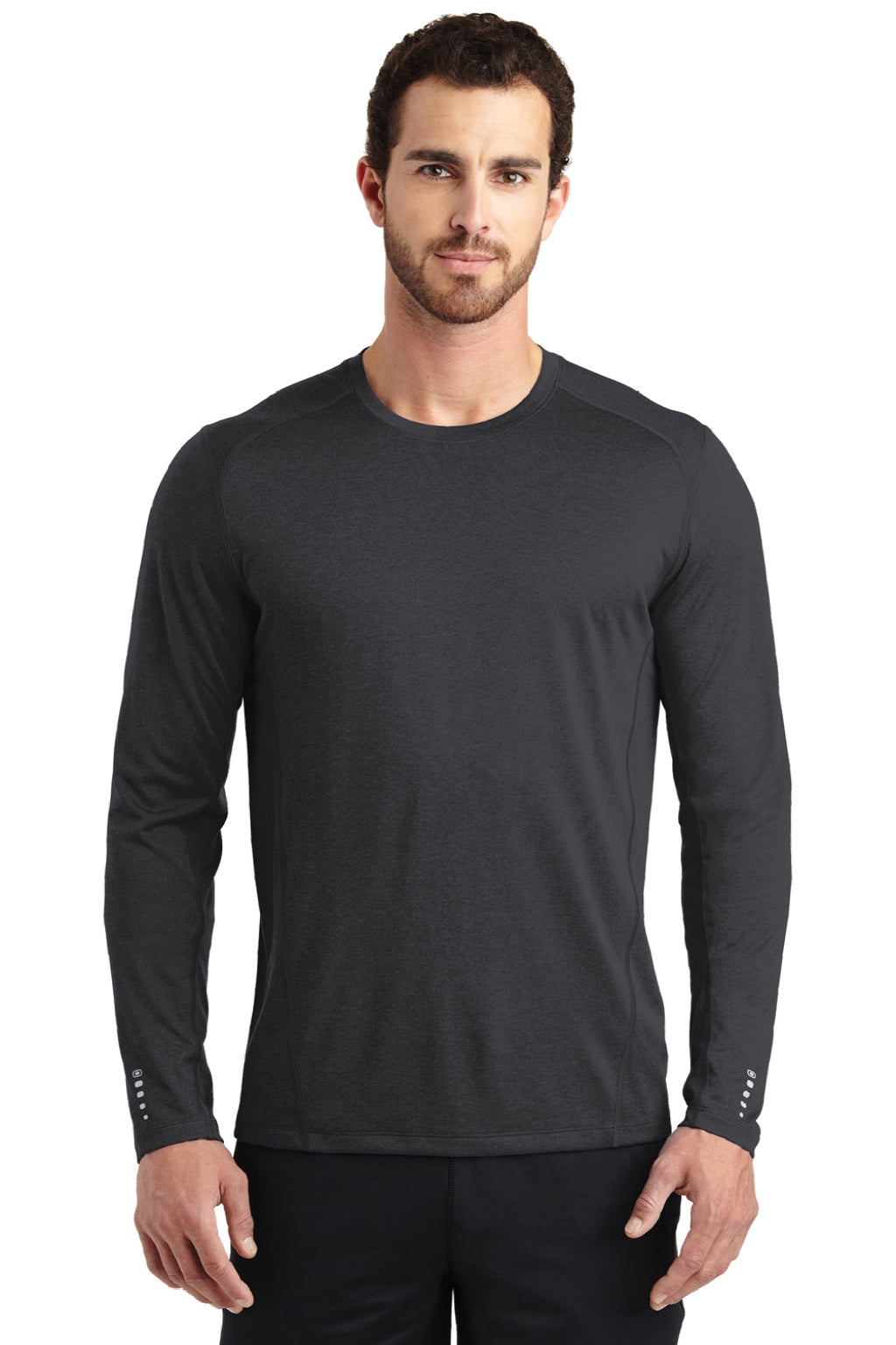 Ogio OE321 Mens Endurance Pulse Jersey Moisture Wicking Long Sleeve Crewneck T-Shirt Blacktop Model Front