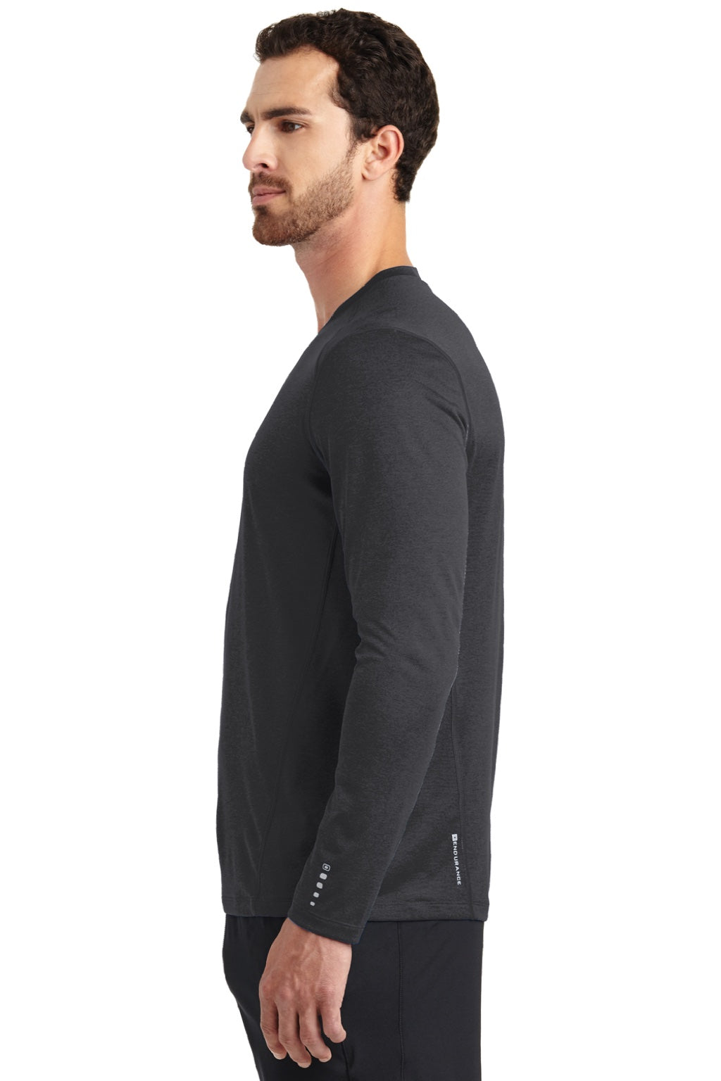 Ogio OE321 Mens Endurance Pulse Jersey Moisture Wicking Long Sleeve Crewneck T-Shirt Blacktop Model Side