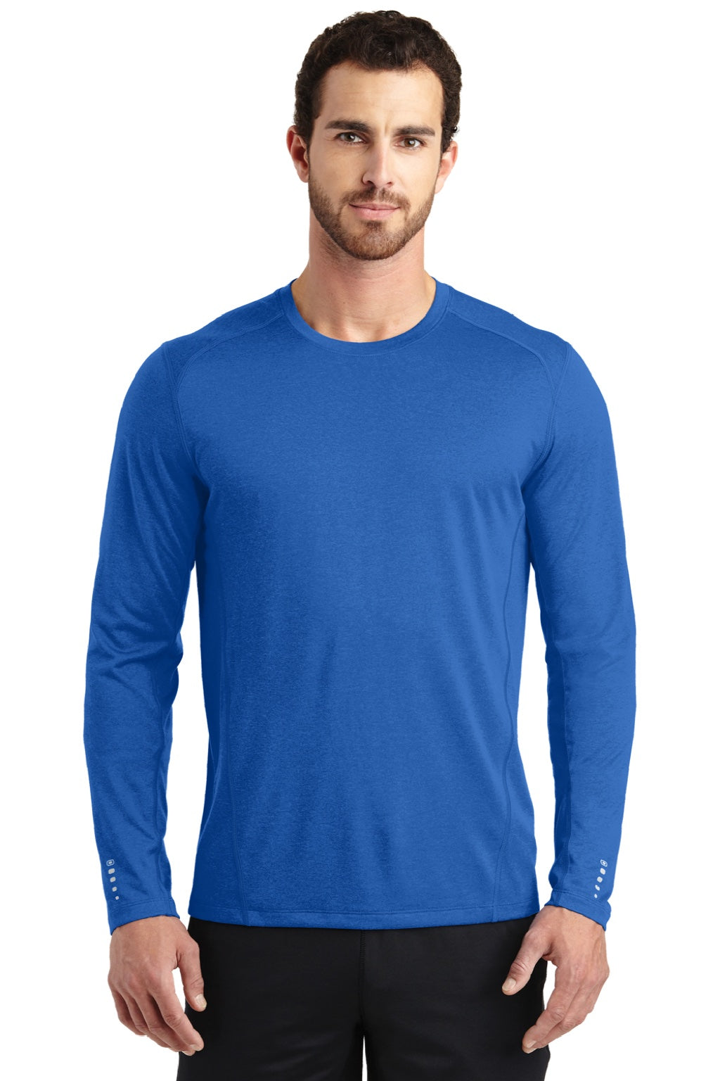 Ogio OE321 Mens Endurance Pulse Jersey Moisture Wicking Long Sleeve Crewneck T-Shirt Electric Blue Model Front