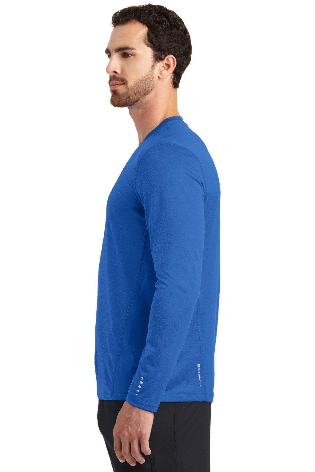 Ogio OE321 Mens Endurance Pulse Jersey Moisture Wicking Long Sleeve Crewneck T-Shirt Electric Blue Model Side