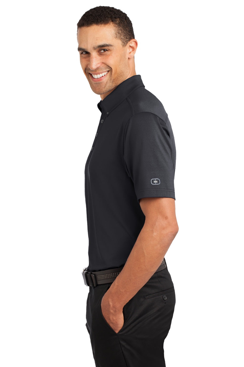 Ogio OG122 Mens Gauge Moisture Wicking Short Sleeve Polo Shirt Blacktop Model Side