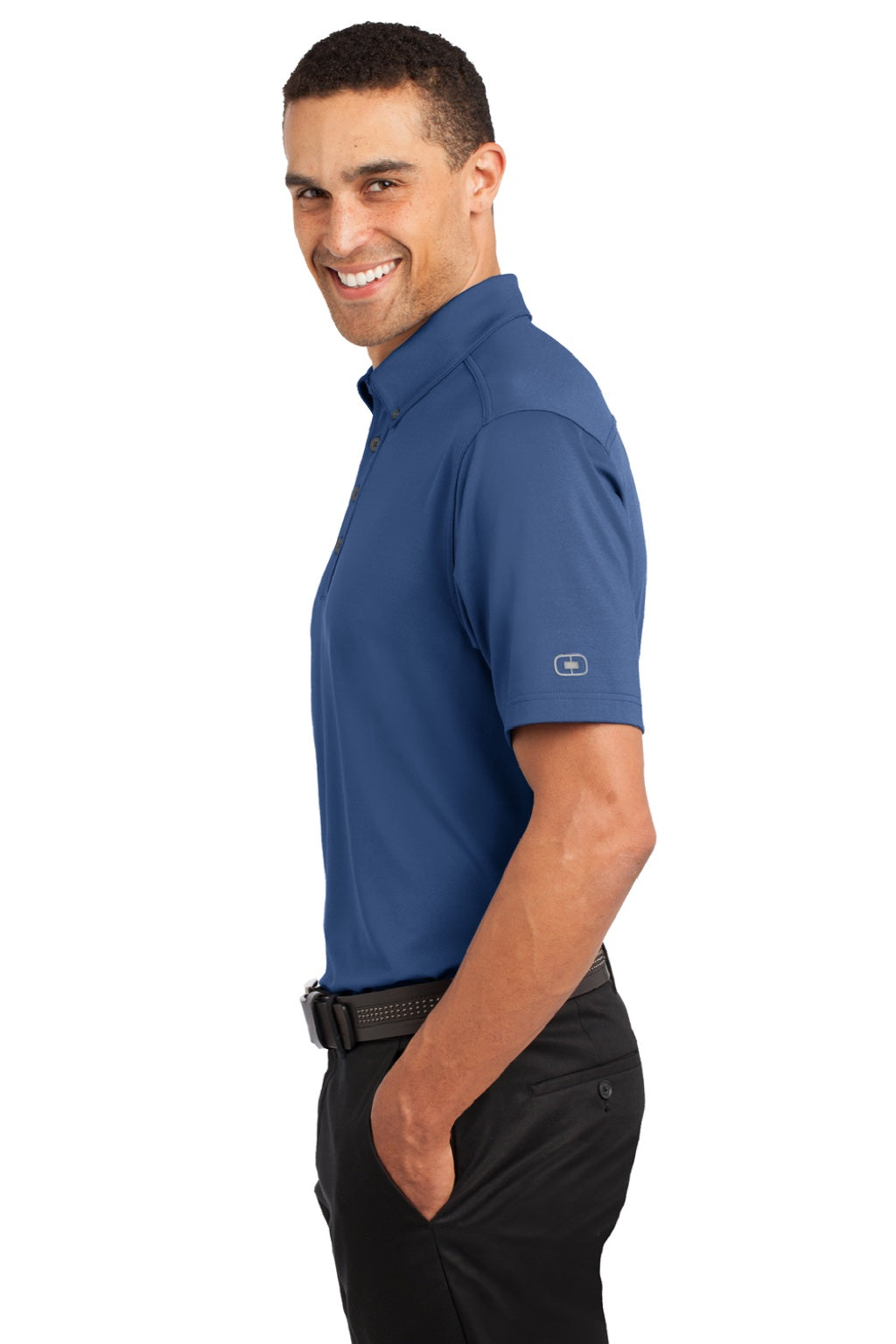 Ogio OG122 Mens Gauge Moisture Wicking Short Sleeve Polo Shirt Indigo Blue Model Side