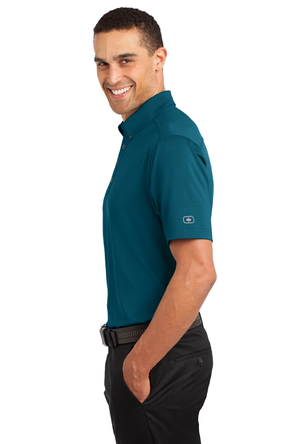 Ogio OG122 Mens Gauge Moisture Wicking Short Sleeve Polo Shirt Throttle Teal Blue Model Side