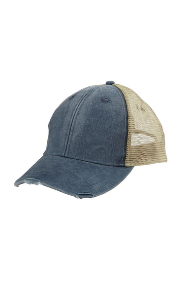 Adams Hats OL102 Mens Distressed Ollie Adjustable Trucker Hat Navy Blue/Tan Flat Front
