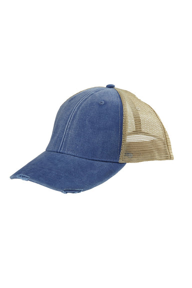 Adams Hats OL102 Mens Distressed Ollie Adjustable Trucker Hat Royal Blue/Tan Flat Front