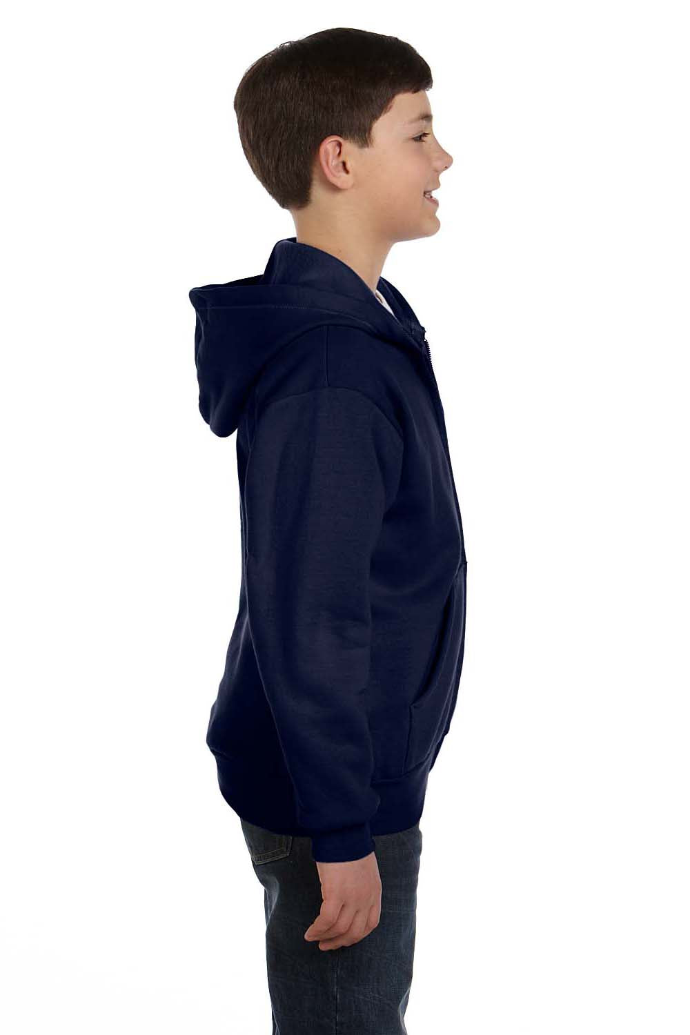 Hanes P480 Youth EcoSmart Print Pro XP Pill Resistant Full Zip Hooded Sweatshirt Hoodie w/ Pockets Navy Blue Model Side