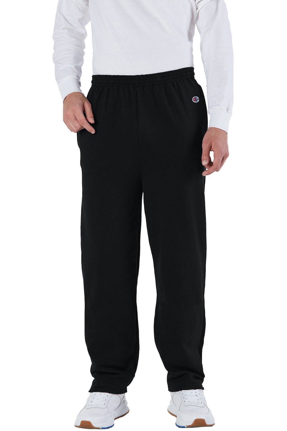 Champion P800 Mens Open Bottom Fleece Sweatpants w/ Pockets Black Model Front