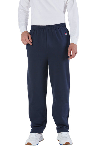 Champion P800 Mens Open Bottom Fleece Sweatpants w/ Pockets Navy Blue Model Front