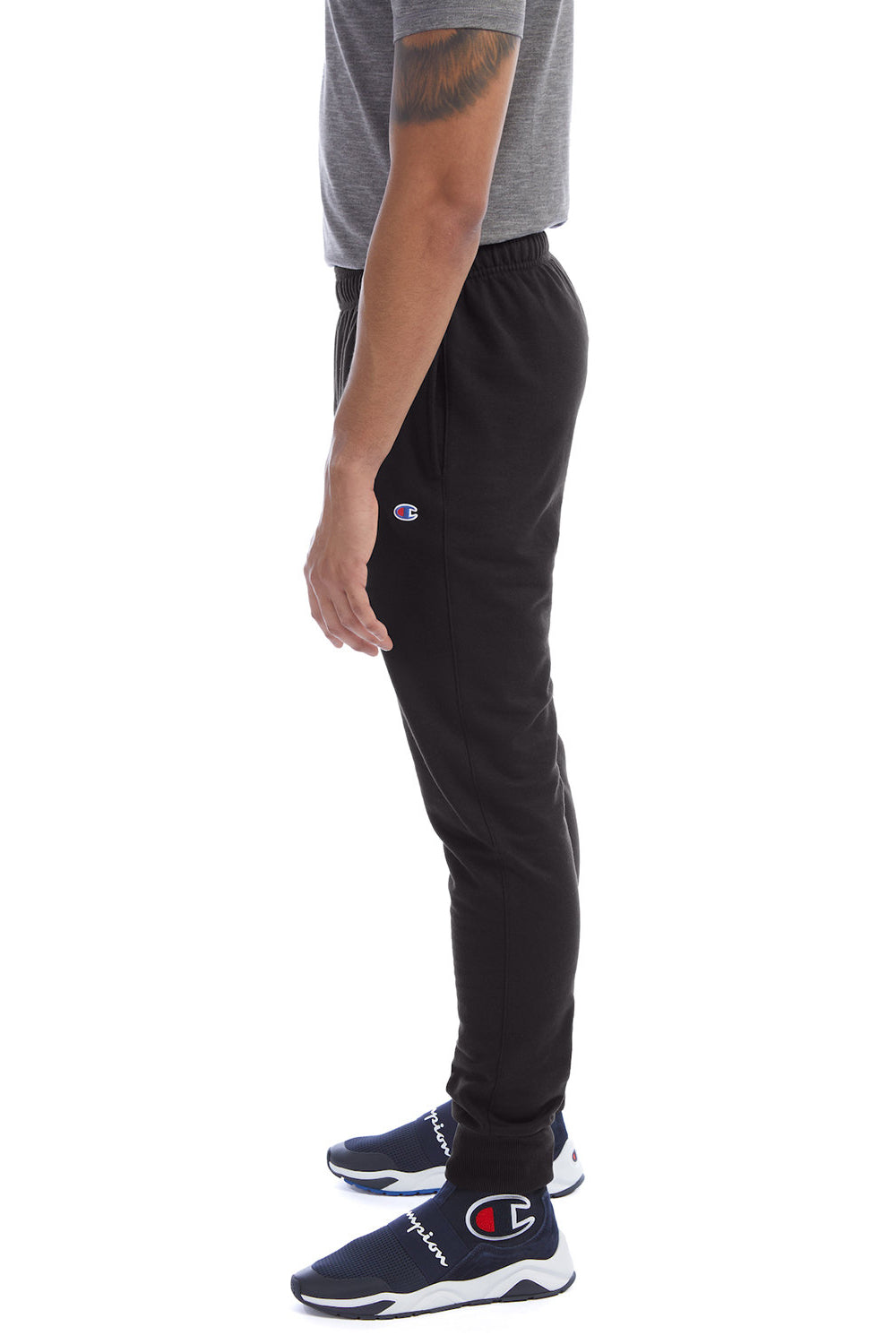 Champion P930 Mens Power blend Fleece Jogger Sweatpants w/ Pockets Black Model Side
