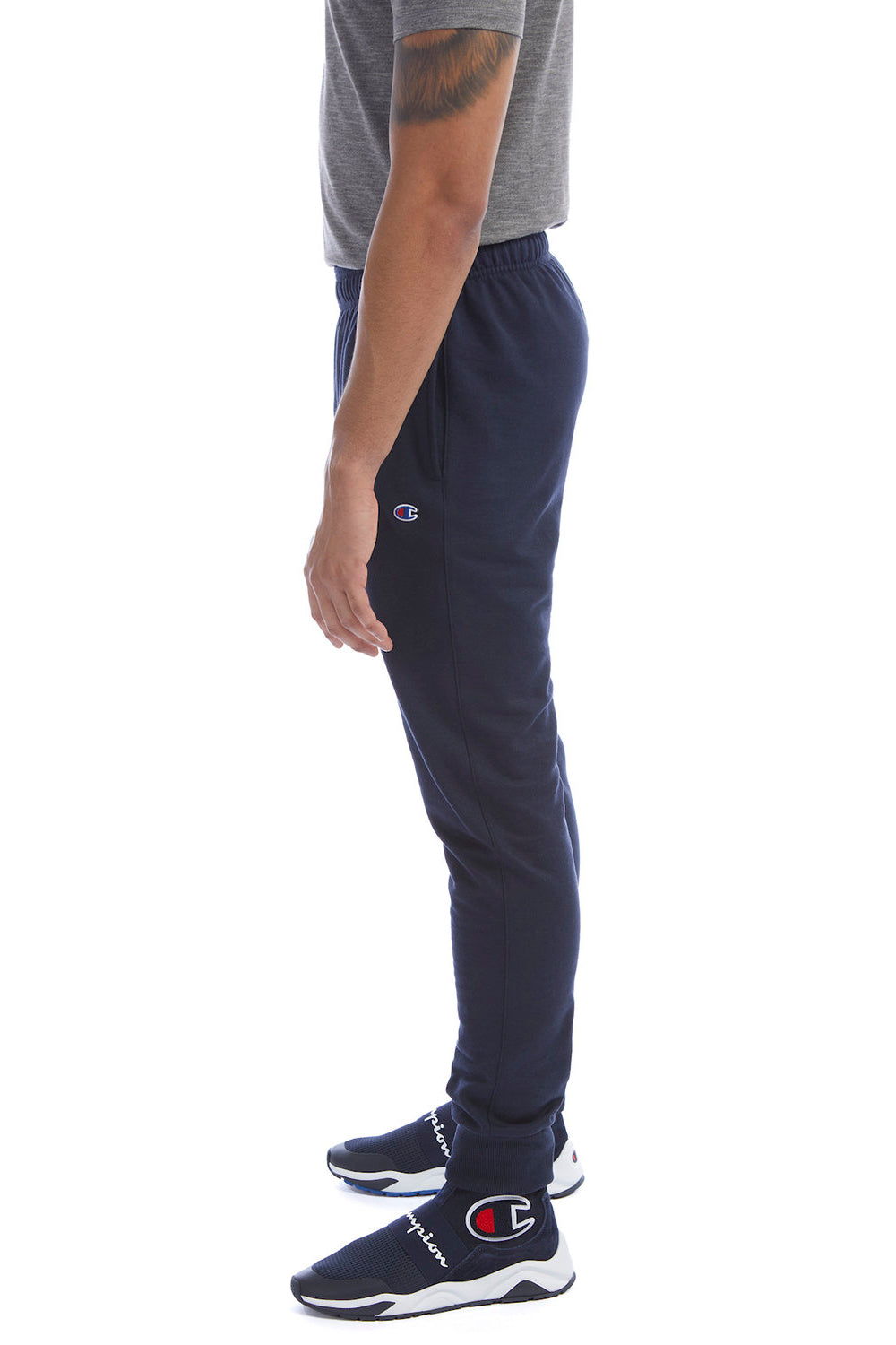 Champion P930 Mens Power blend Fleece Jogger Sweatpants w/ Pockets Navy Blue Model Side